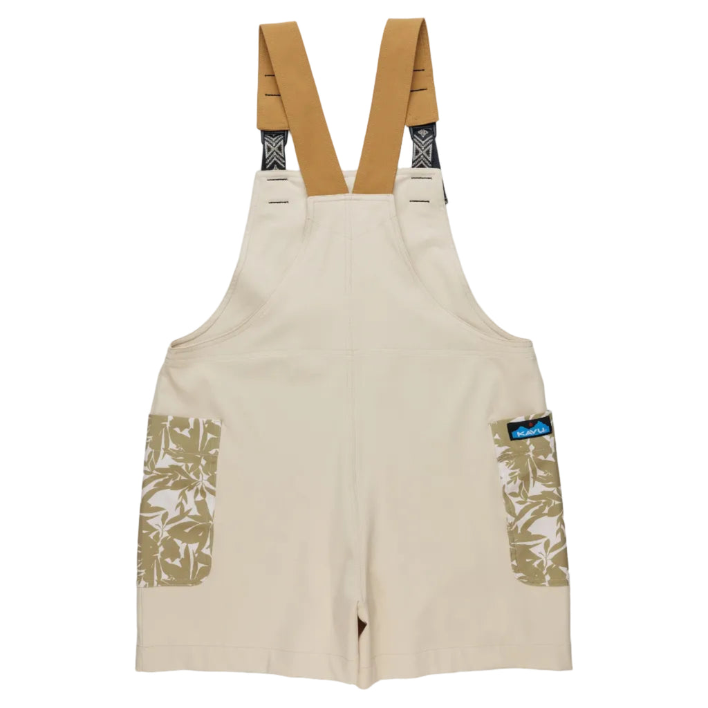 Women's KAVU Montanita Overall in Beige Palm back view showing adjustable straps and comfortable everyday styling