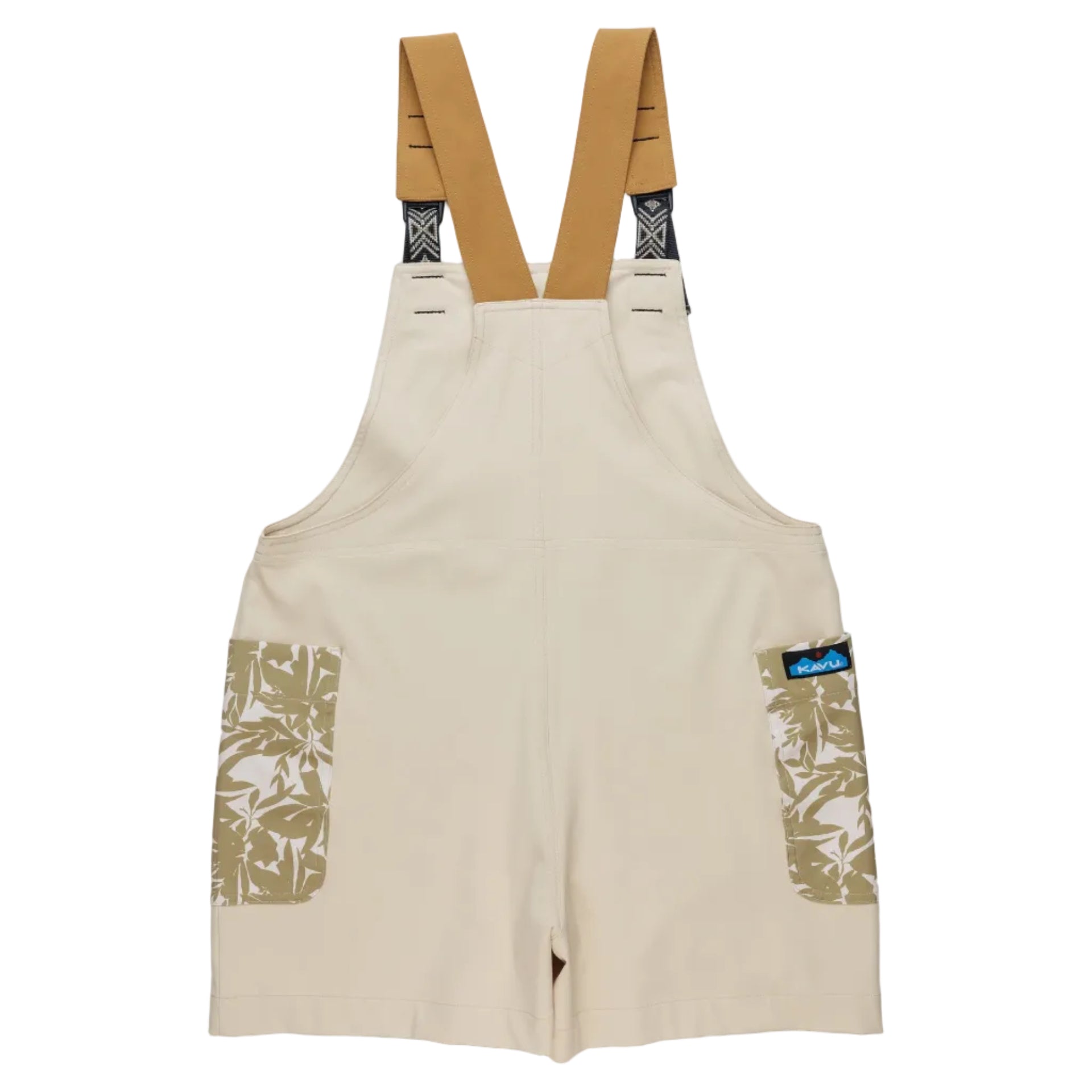 Women's KAVU Montanita Overall in Beige Palm back view showing adjustable straps and comfortable everyday styling