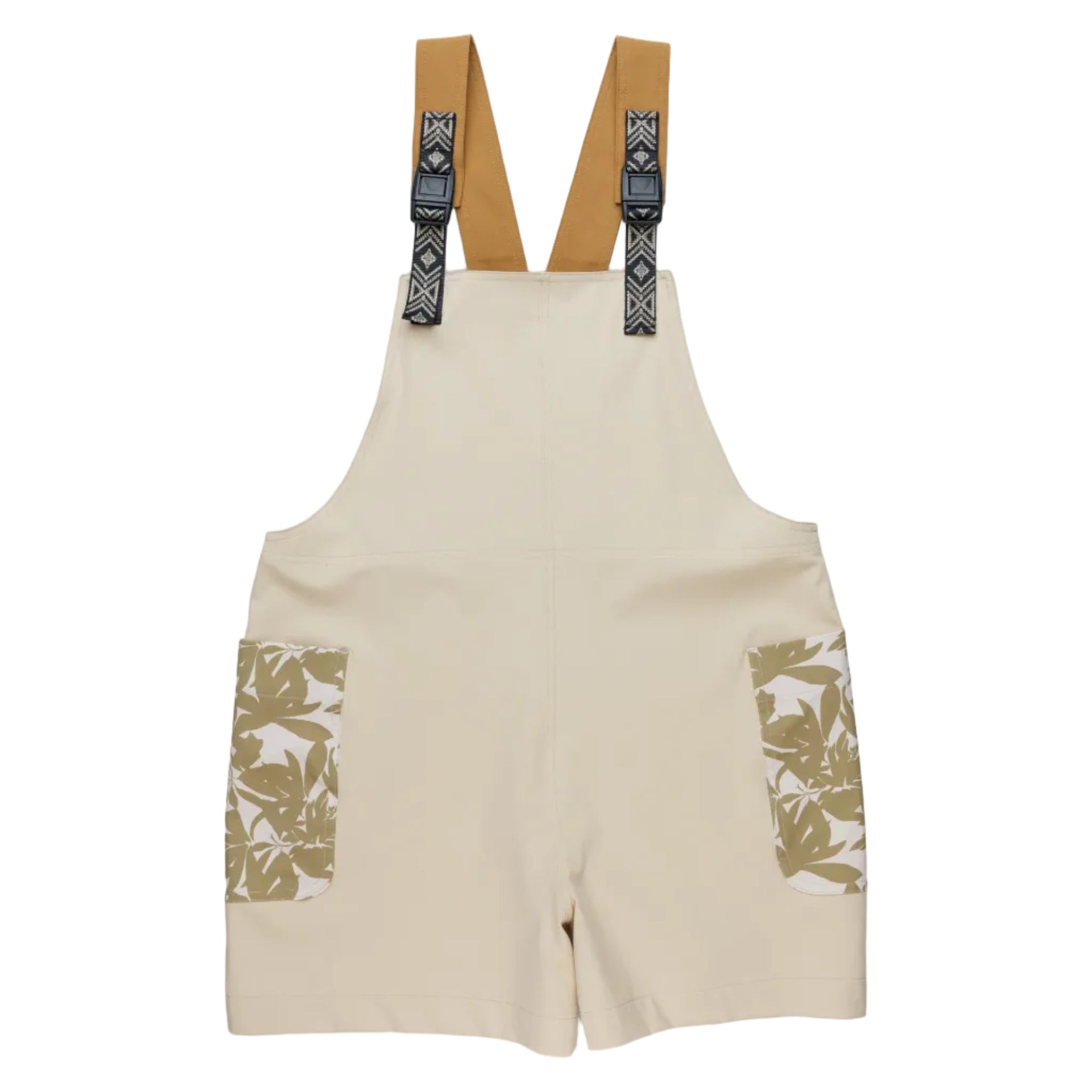 Women's KAVU Montanita Overall in Beige Palm front view featuring a relaxed silhouette and tropical-inspired print