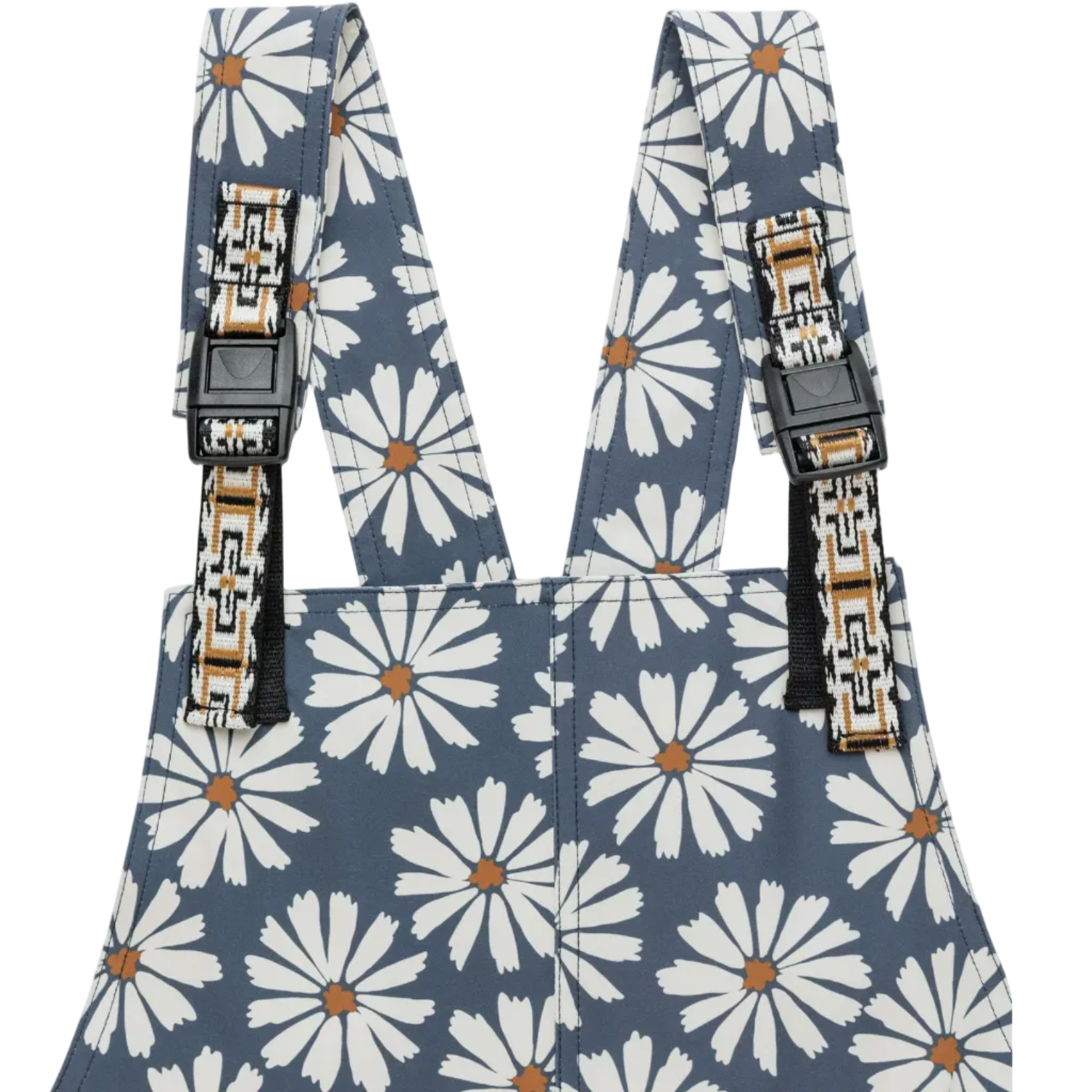 Alt Text: Close-up of the KAVU Montanita Overall in Daisy Love highlighting the floral print and lightweight woven construction