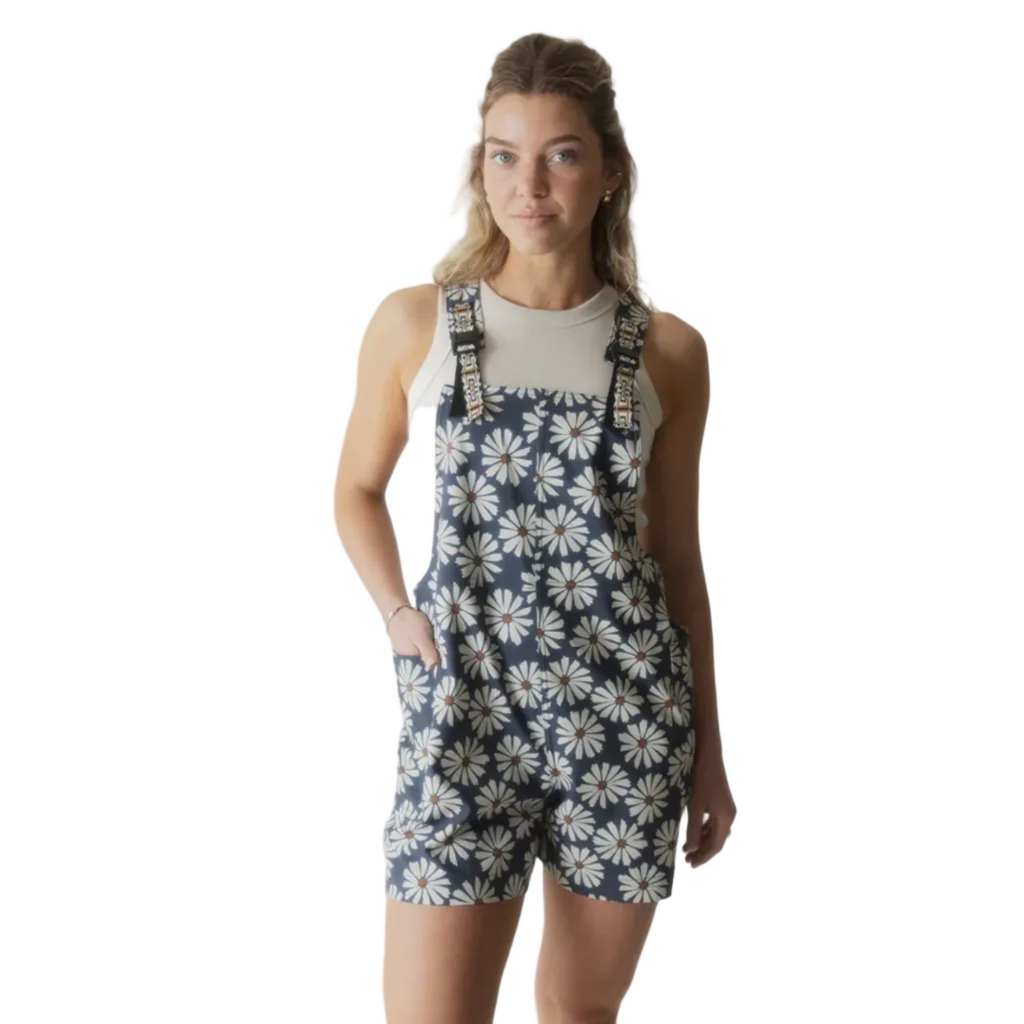 Women's KAVU Montanita Overall in Daisy Love front view featuring a relaxed fit and cheerful floral print