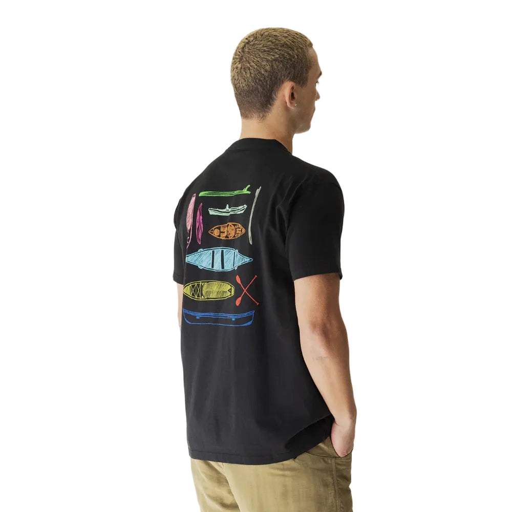 Full-body view of a man wearing the KAVU Paddle Out Tee in Black for everyday comfort and outdoor adventures