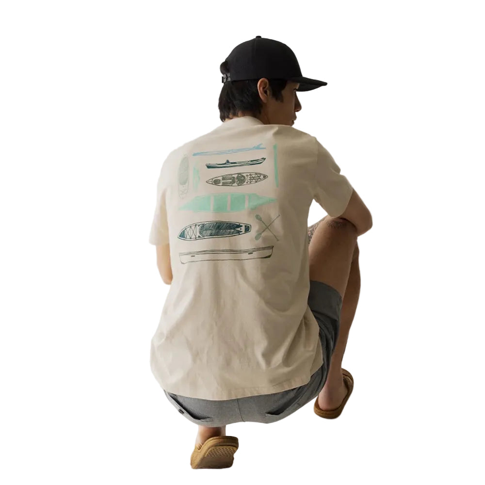 Close-up of the KAVU Paddle Out Tee in Moonbeam highlighting the soft 100% certified organic cotton jersey knit fabric