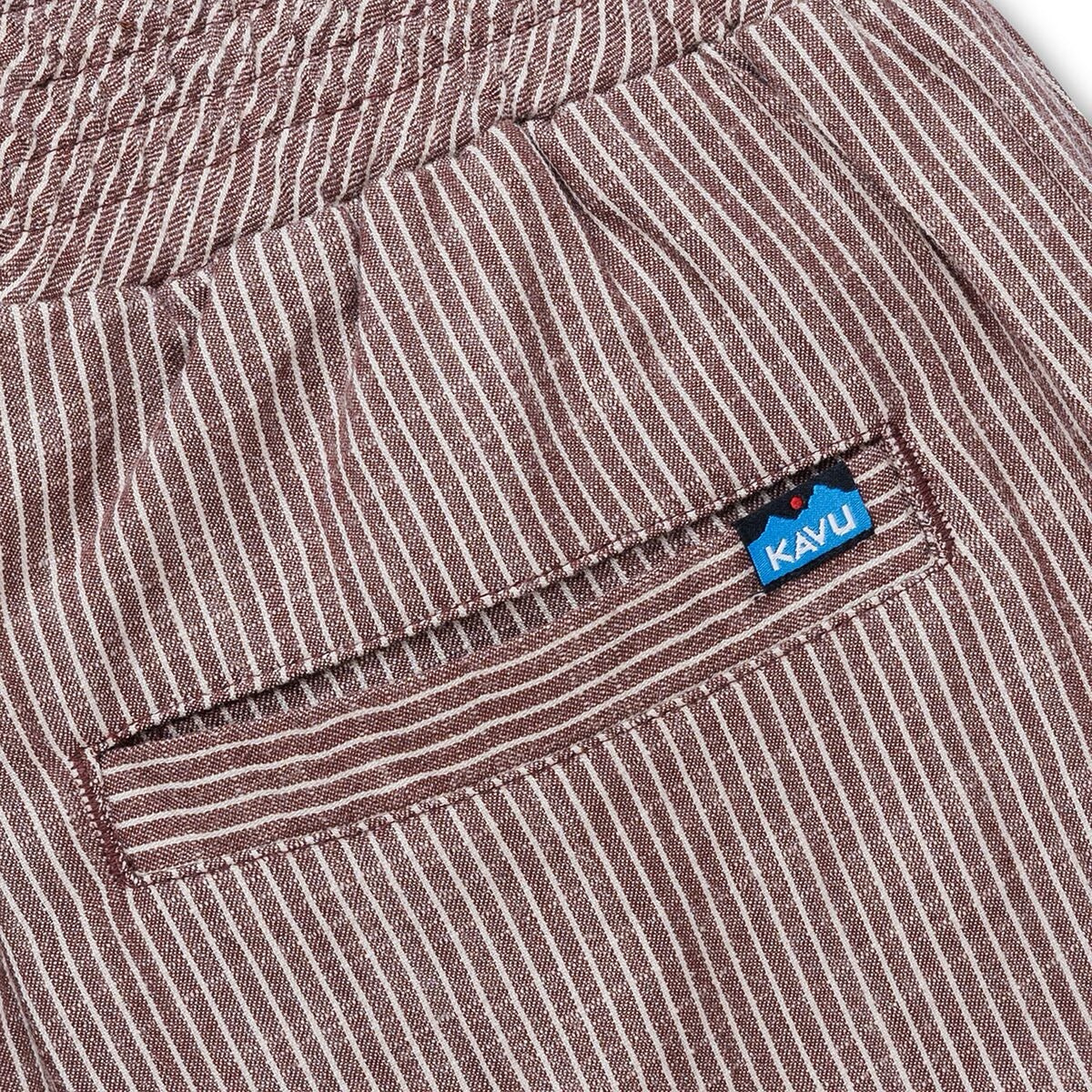 Close-up of the KAVU Tamarindo Pant in Chocolate highlighting the lightweight woven fabric and casual styling