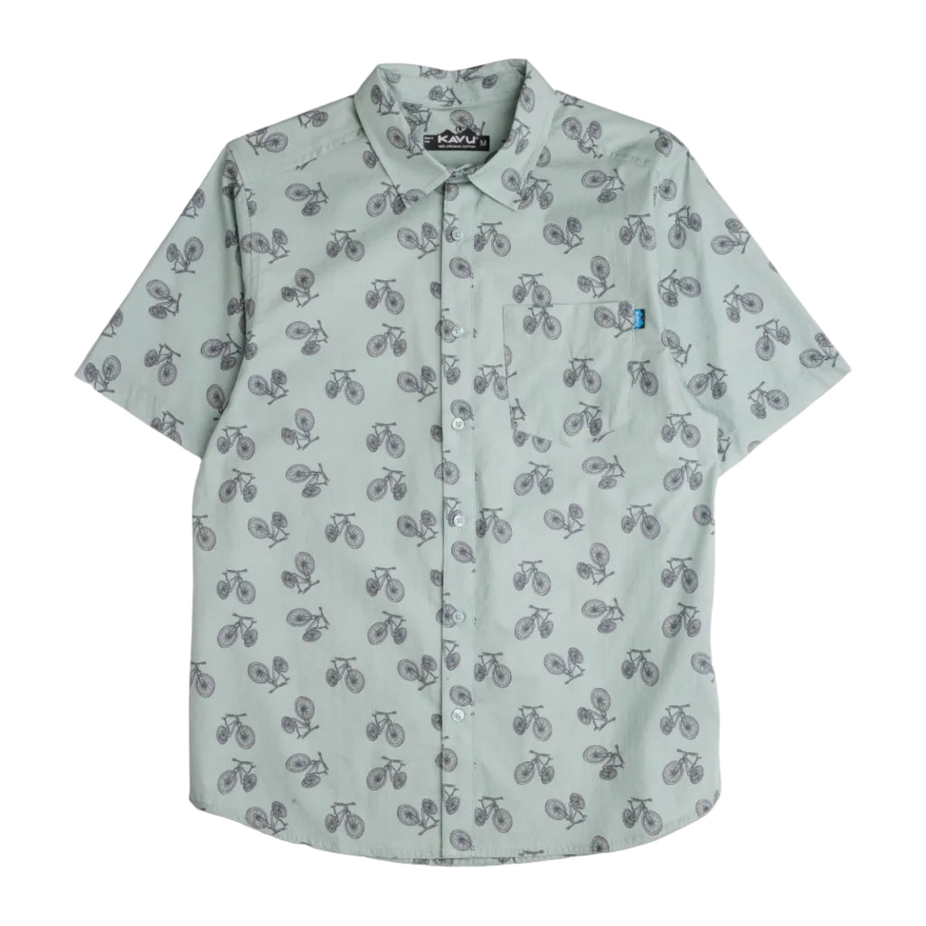 KAVU The Jam S/S Shirt in Bike Lane featuring a colorful all-over print and short sleeve button-up design