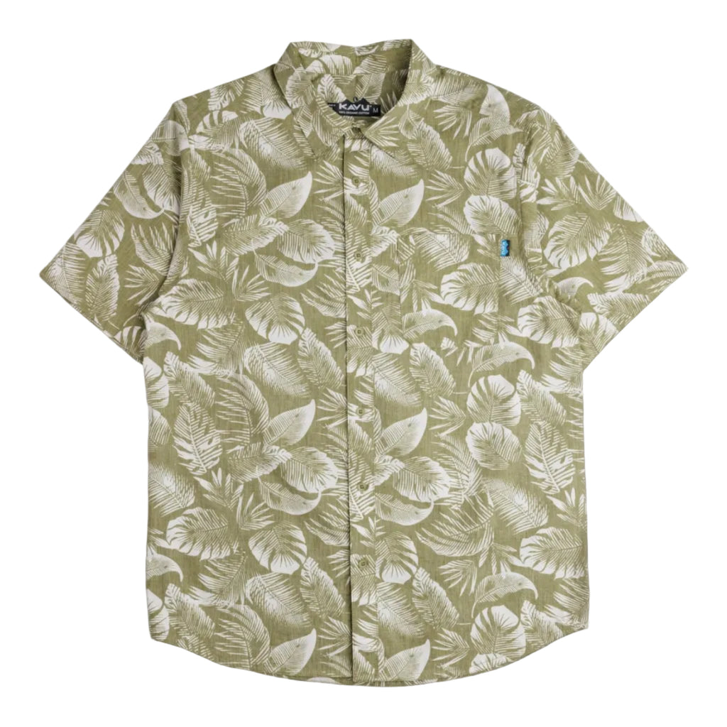 KAVU Topspot S/S Shirt in Calm Palm featuring a tropical-inspired print and short sleeve button-up design