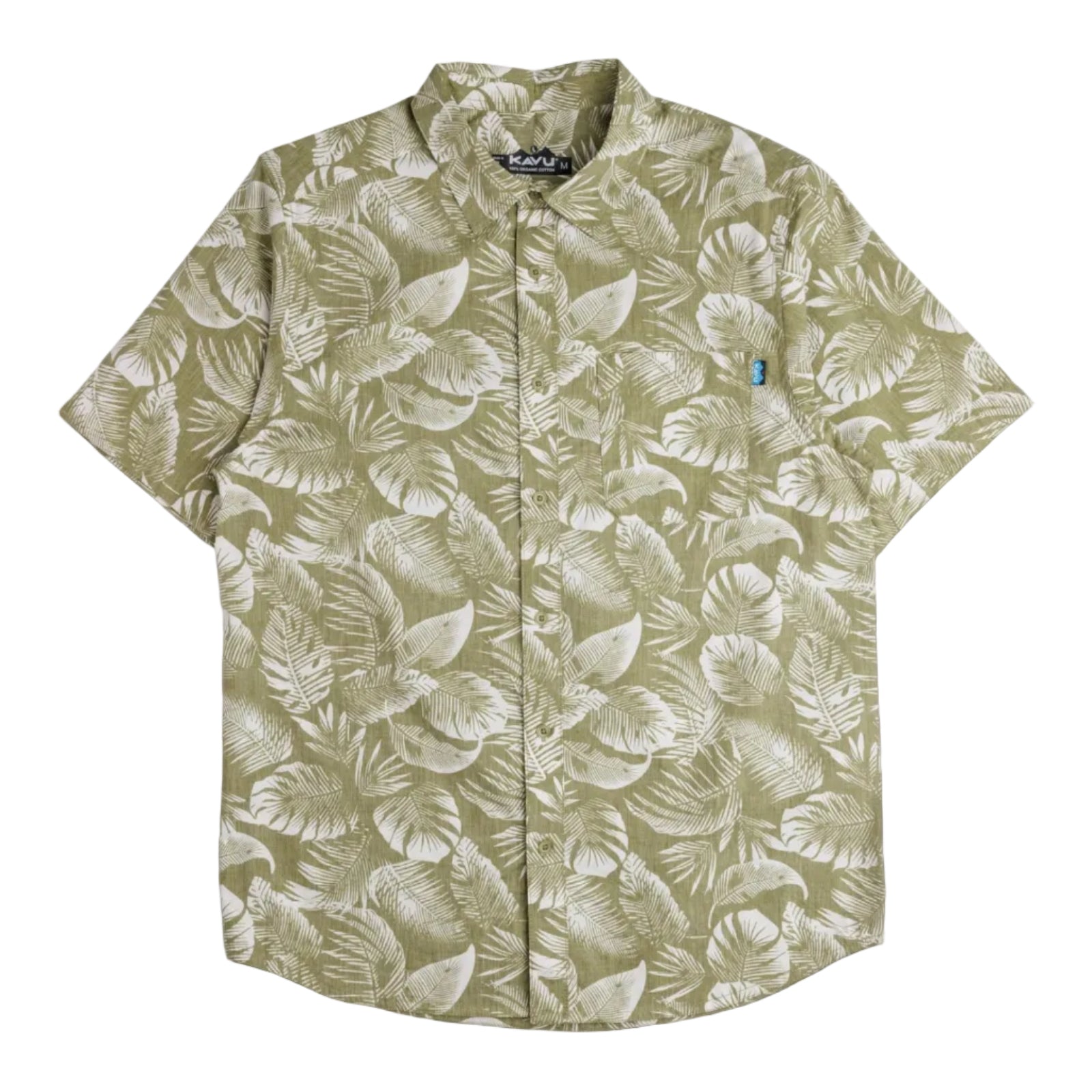 KAVU Topspot S/S Shirt in Calm Palm featuring a tropical-inspired print and short sleeve button-up design