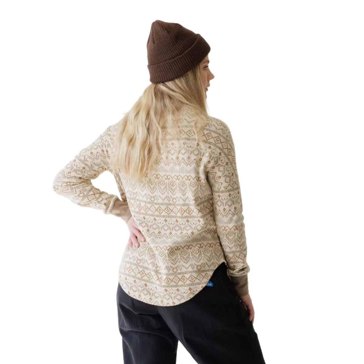 Back view of KAVU Women's Alyeska Turtleneck in Nature Holiday