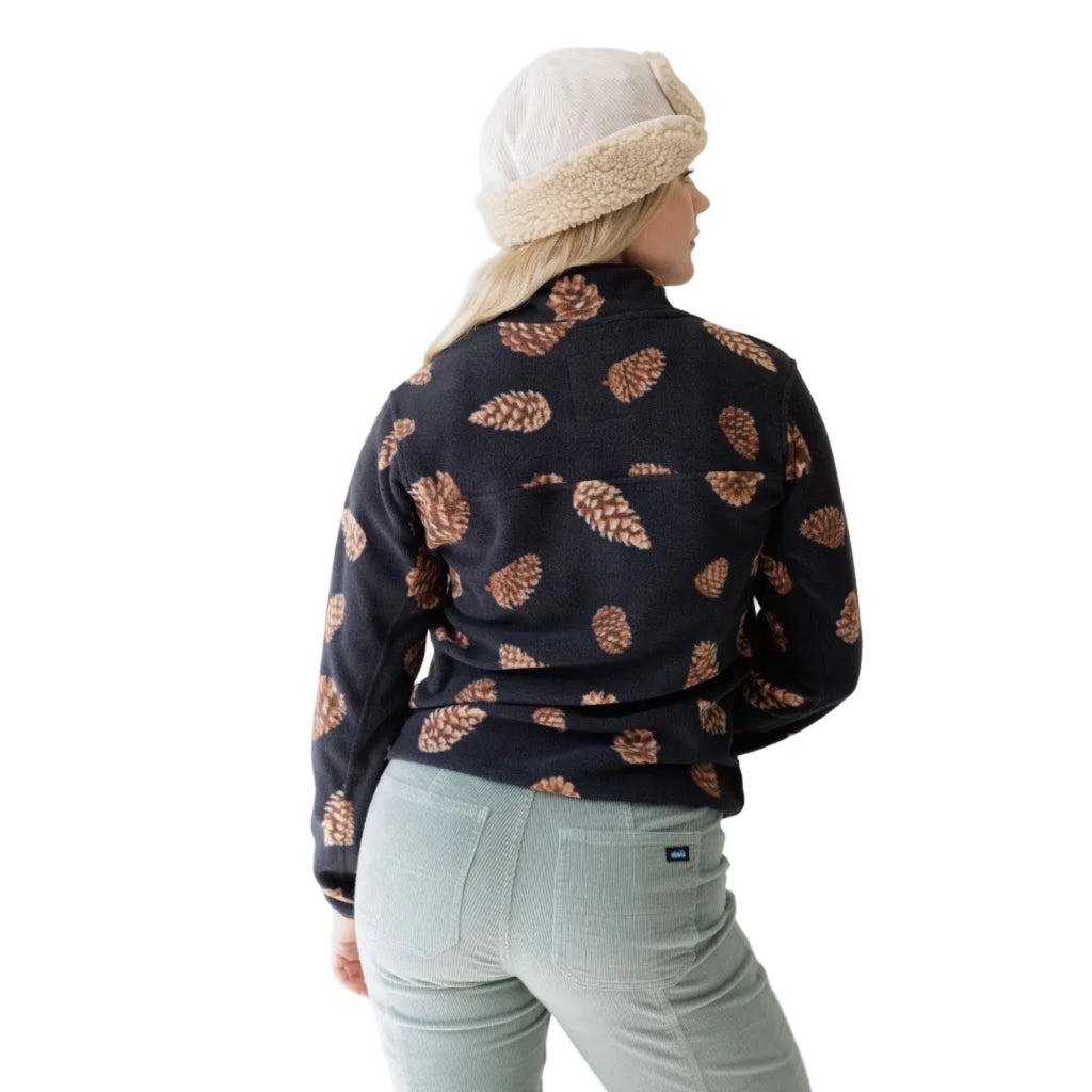 Back view of woman wearing KAVU Women's Cavanaugh Fleece Pullover in Pine Cones