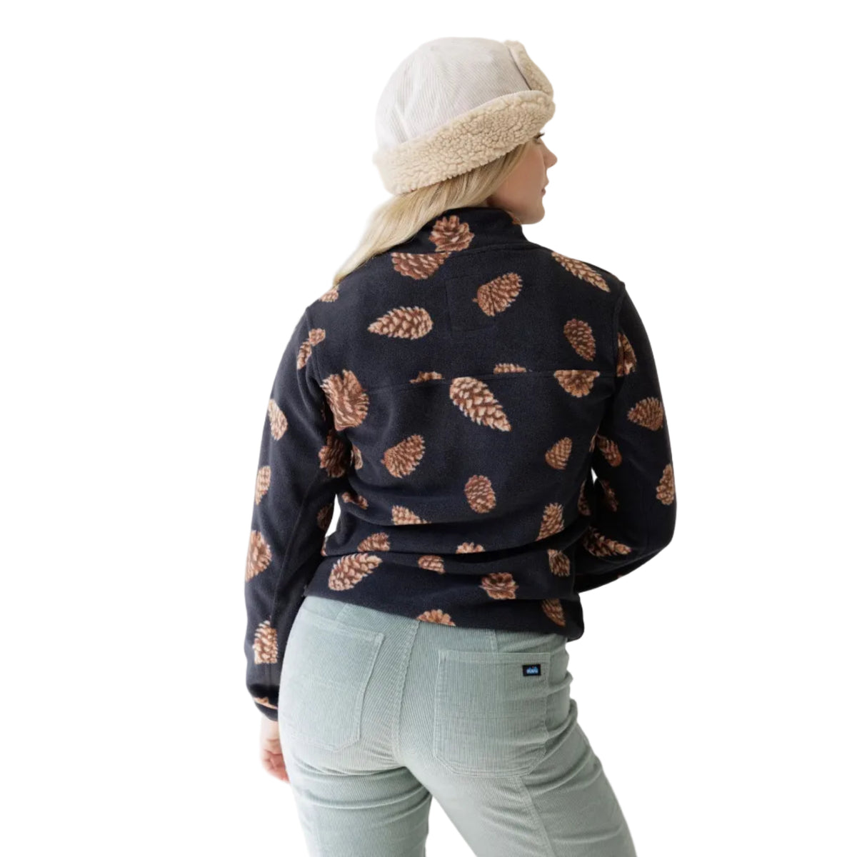Back view of woman wearing KAVU Women's Cavanaugh Fleece Pullover in Pine Cones