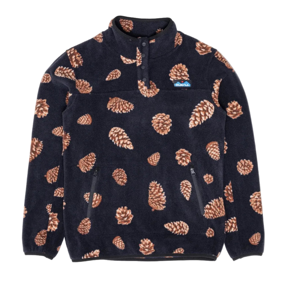 Front detail of KAVU Women's Cavanaugh Fleece Pullover in Pine Cones showing the mock neck and pine cone print