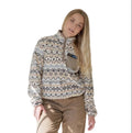 Full-length model view of KAVU Women's Hidden Hills Fleece Pullover in Horizon Holiday