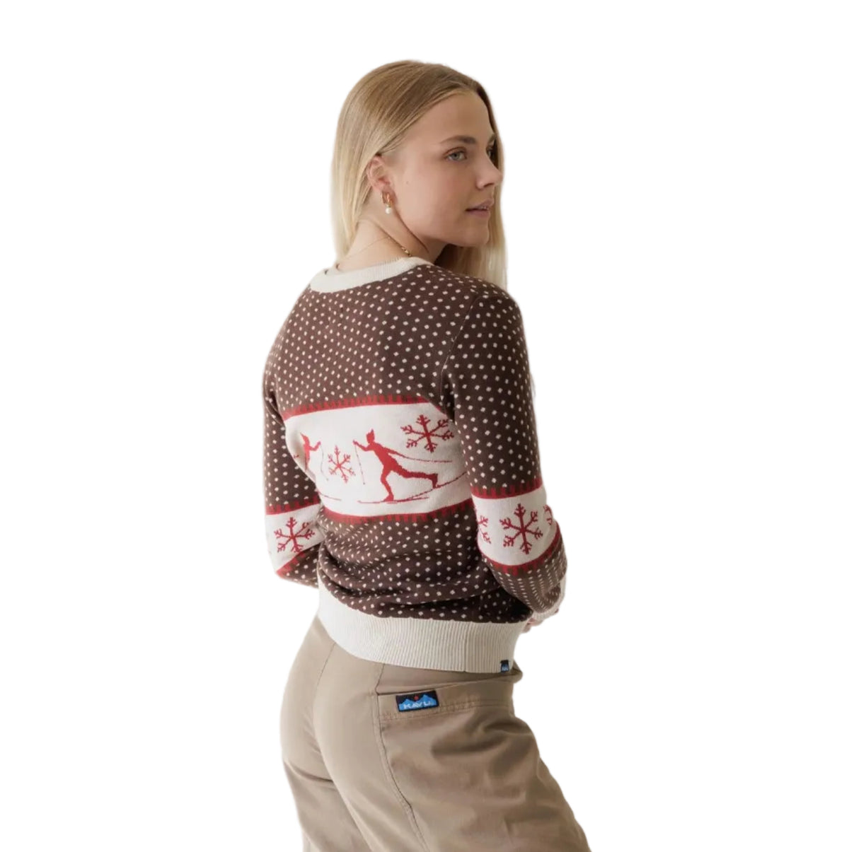 Back view of woman wearing KAVU Women's Hillrose Sweater in Slopeslide showing the winter jacquard pattern
