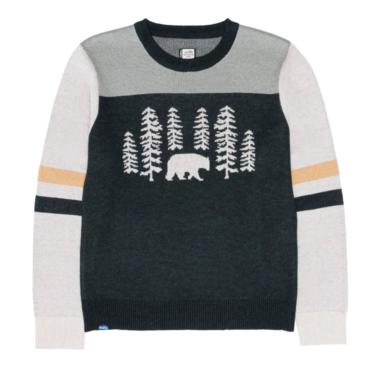 KAVU Women's Hillrose Sweater in Tree Bear front view with bear and evergreen tree jacquard design