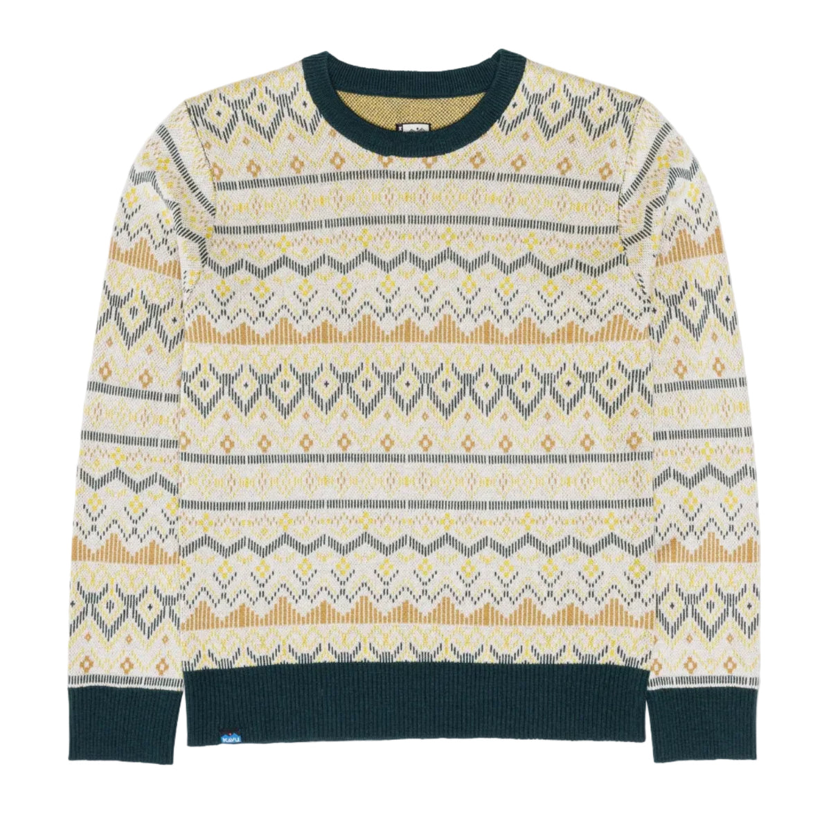 Woman wearing KAVU Women's Hillrose Sweater in Woodland Holiday front view