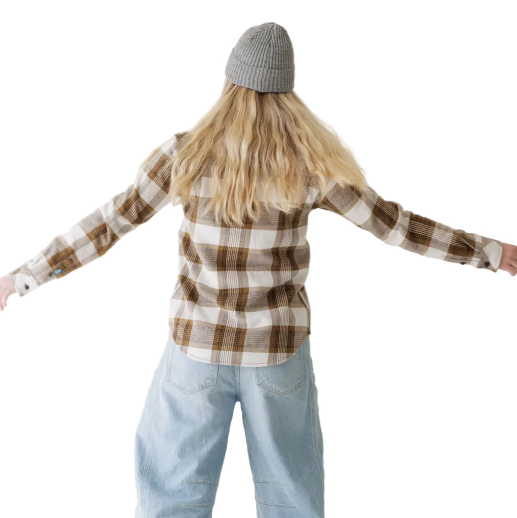 Back view of woman wearing KAVU Women's Moondrift Flannel Shirt in Winter Bark