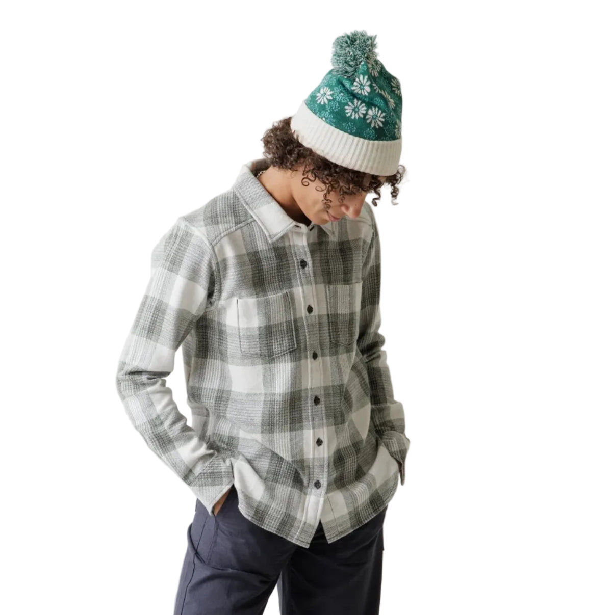Woman wearing KAVU Women's Moondrift Flannel Shirt in Winter Green front view