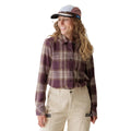 Woman wearing KAVU Women's Moondrift Flannel Shirt in Winter Purple front view