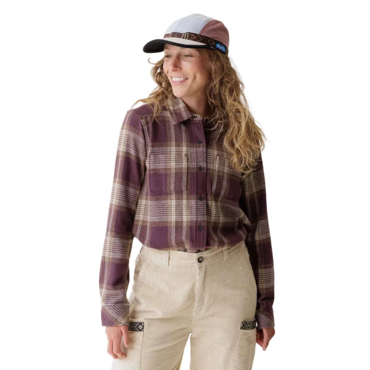 Woman wearing KAVU Women's Moondrift Flannel Shirt in Winter Purple front view