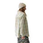 Back view of KAVU Women's Quinn Shirt Jacket in Soft Sage plaid