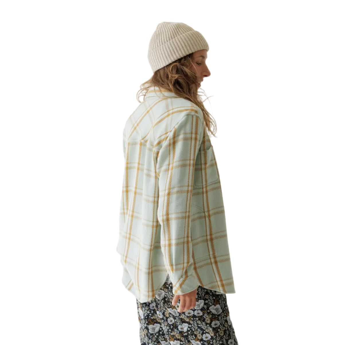 Back view of KAVU Women's Quinn Shirt Jacket in Soft Sage plaid