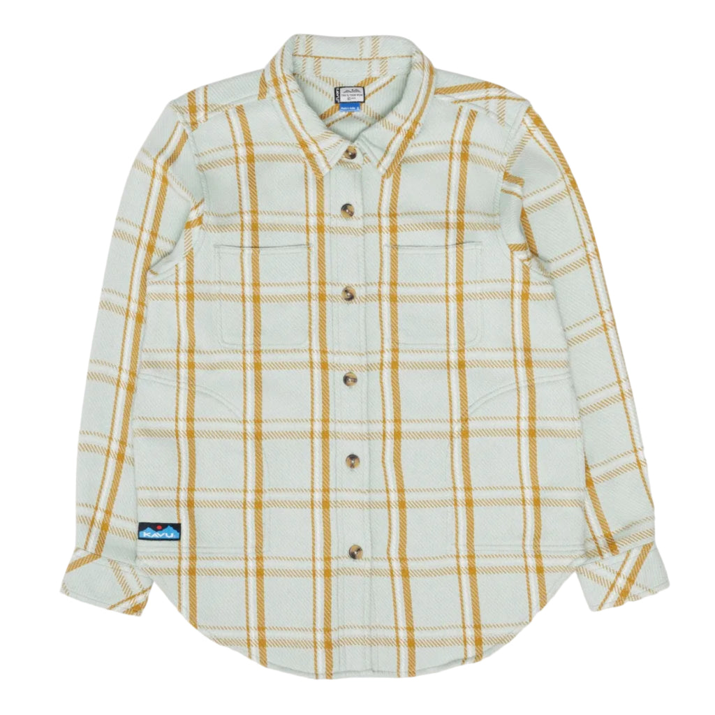 KAVU Women's Quinn Shirt Jacket in Soft Sage plaid flat lay