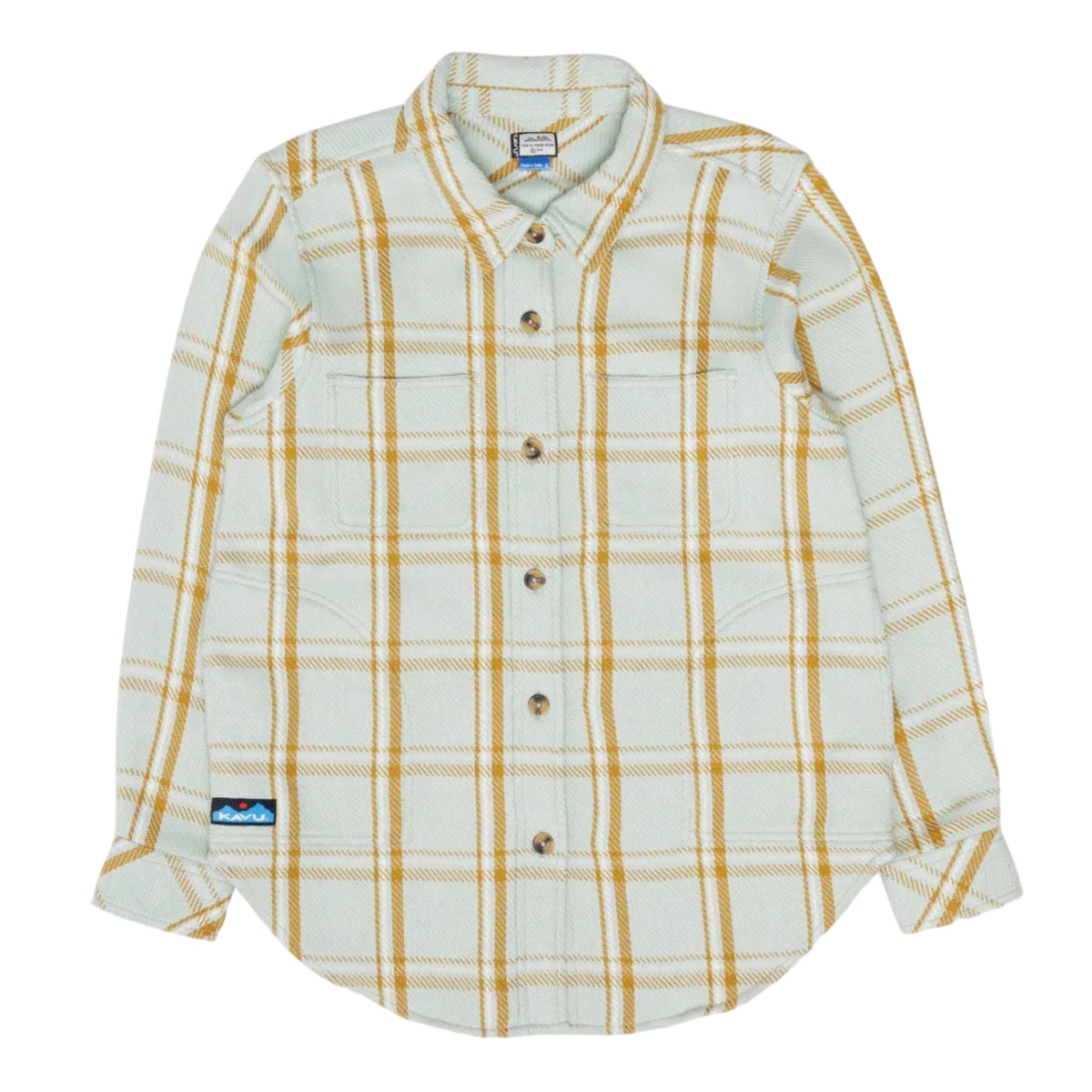 KAVU Women's Quinn Shirt Jacket in Soft Sage plaid flat lay