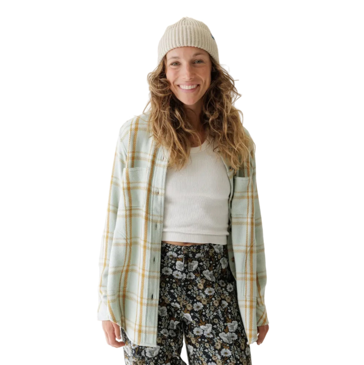 KAVU Women's Quinn Shirt Jacket in Soft Sage plaid front view