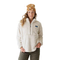 Woman wearing KAVU Women's Timber Lane Fleece Pullover in Moonbeam showing the relaxed half-zip fit