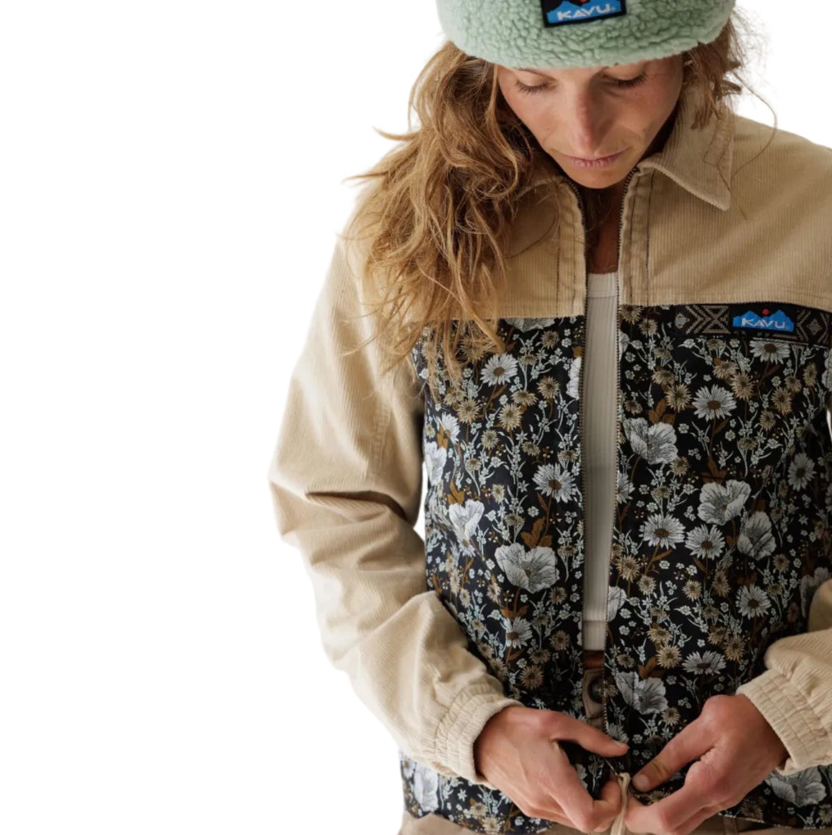 KAVU Women's West Haven Jacket in Wildflower Hike shown on a model to highlight fit and style