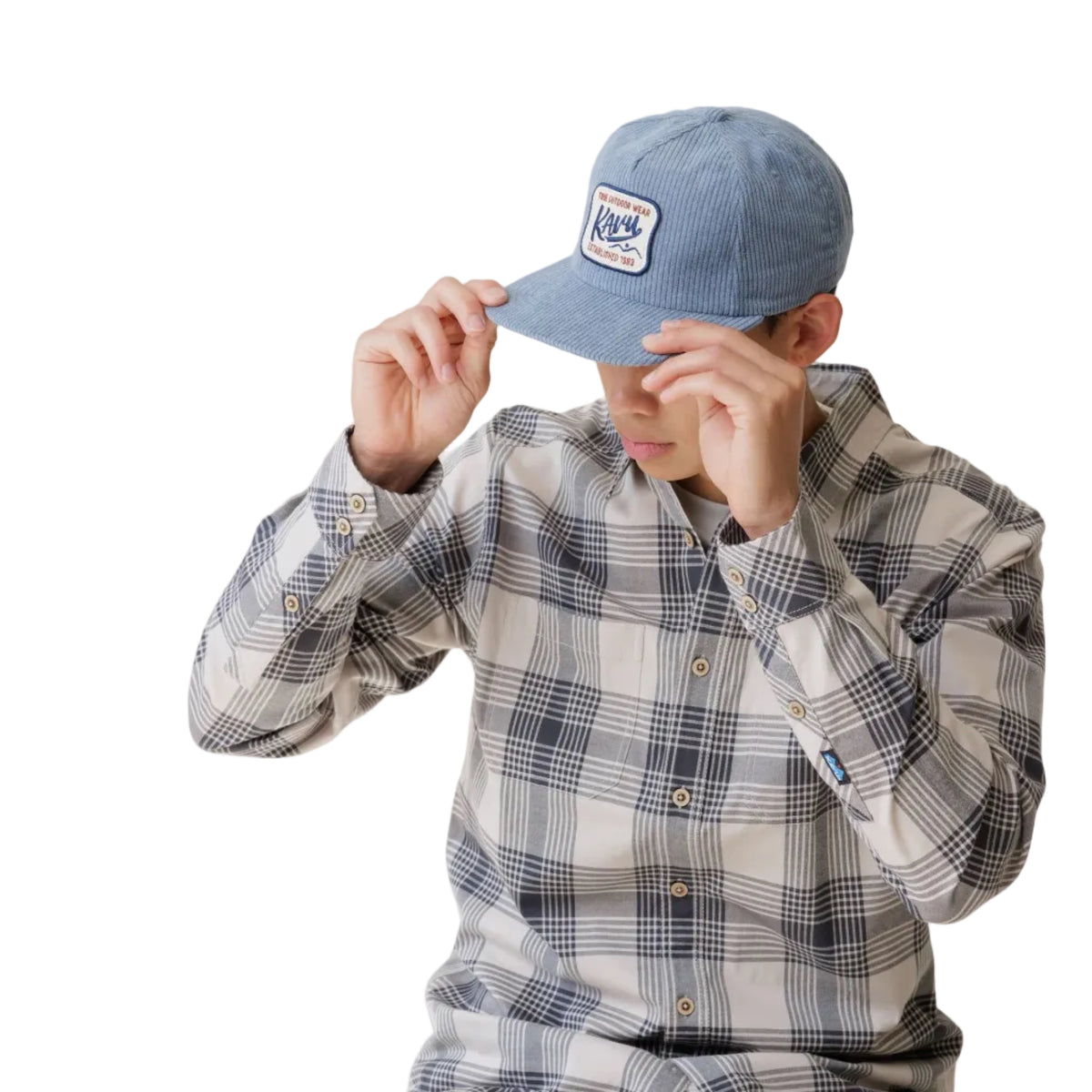 Model wearing KAVU Wooderson Hat in Blue Mirage