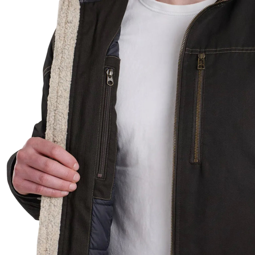 KÜHL Men's Burr Insulated Jacket in Gun Metal, close-up of heavyweight combed cotton fabric
