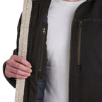 KÜHL Men's Burr Insulated Jacket in Gun Metal, close-up of heavyweight combed cotton fabric