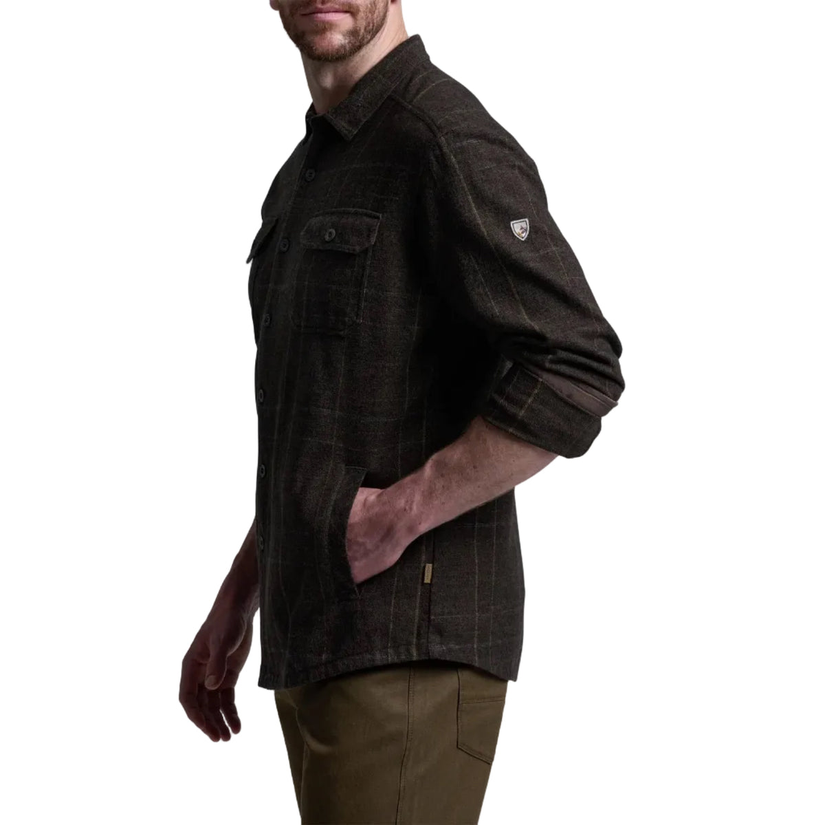 KÜHL Men's Deviatr Shirt-Jac in Dark Roast, side view showing fit