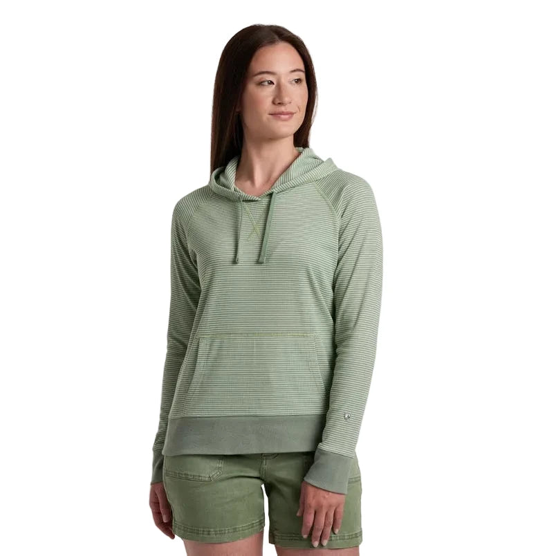 Women's KÜHL Stria Pullover Hoody in Slate Green featuring a relaxed fit, attached hood, and textured performance fabric.