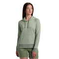 Women's KÜHL Stria Pullover Hoody in Slate Green featuring a relaxed fit, attached hood, and textured performance fabric.