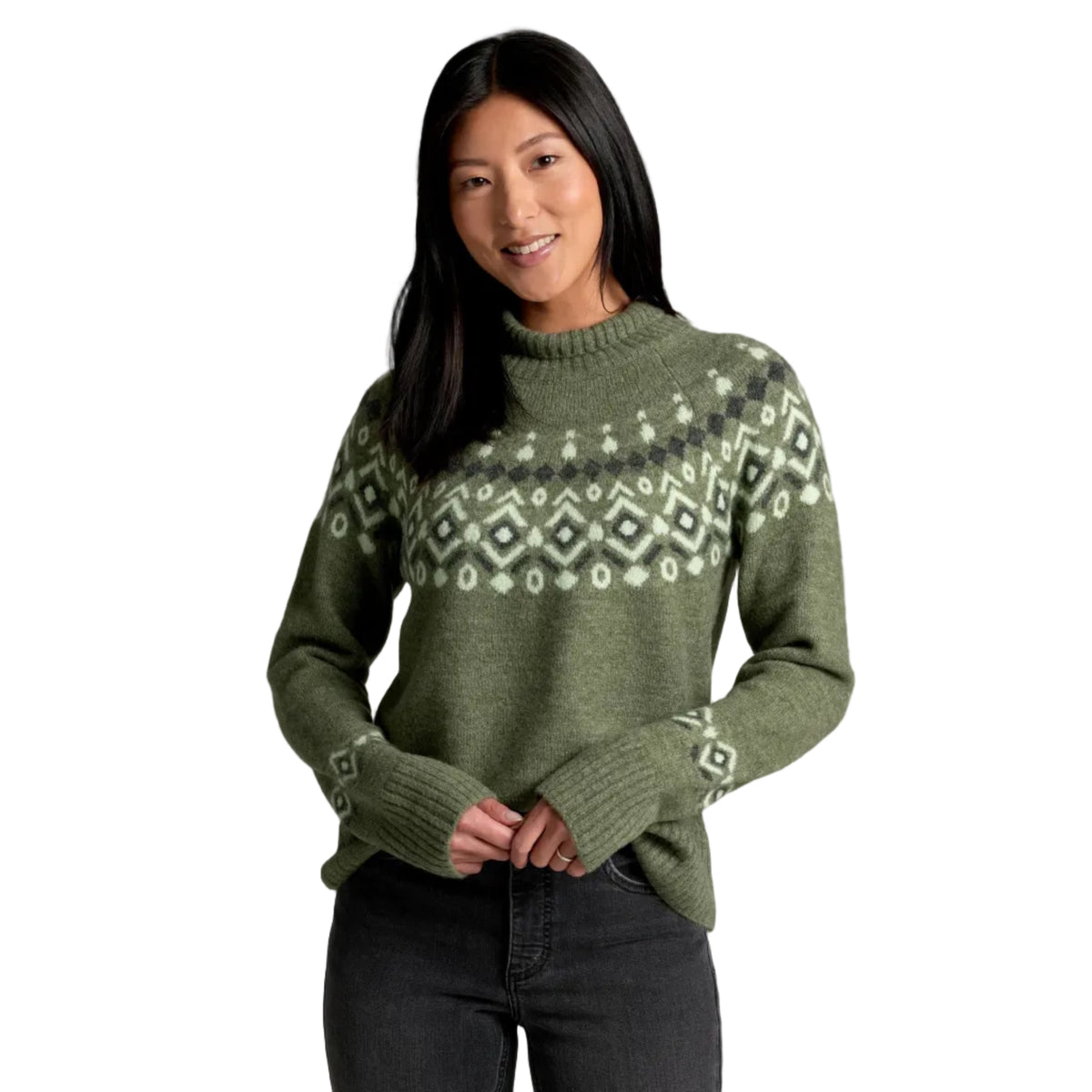 KÜHL Women's Alpina Sweater in Soft Pine front view showing Fair Isle pattern