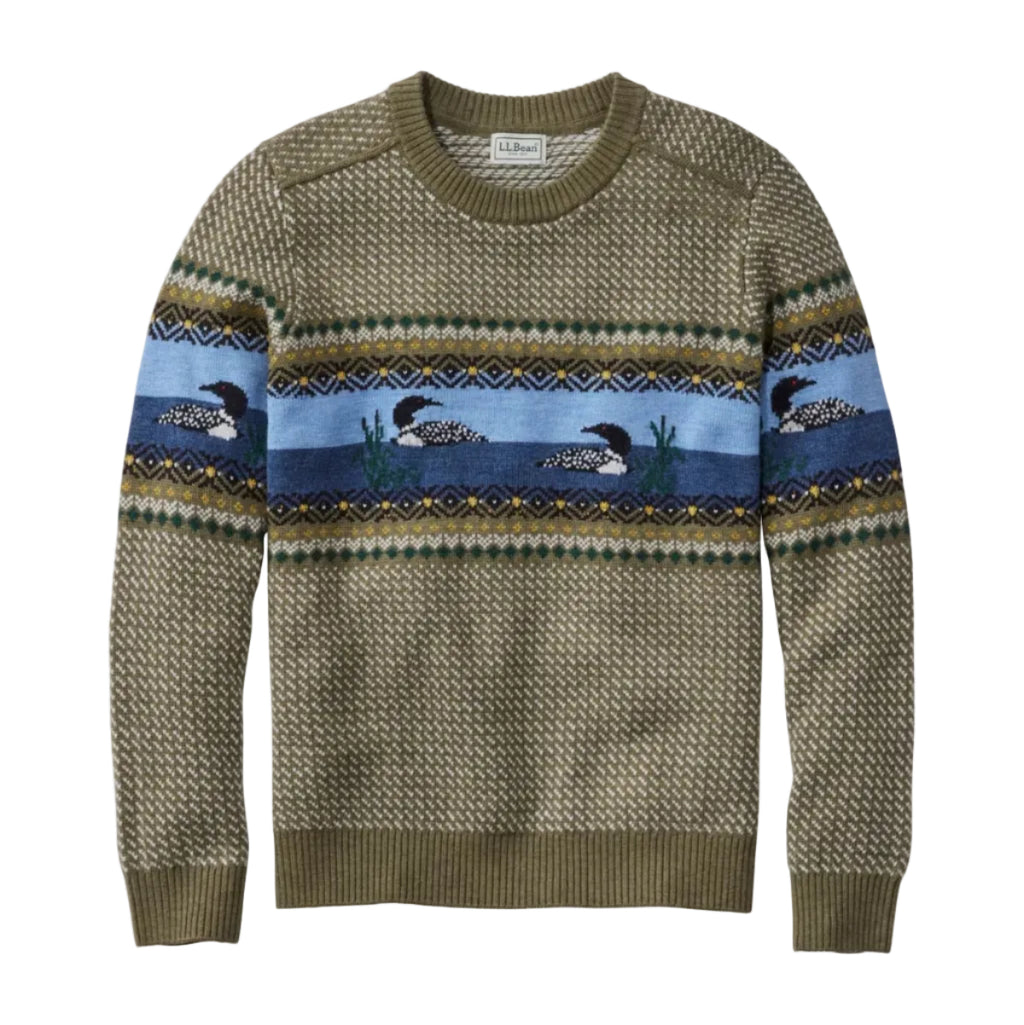 L.L.Bean Men's Essential Merino Crewneck Sweater in Olive Gray Fair Isle front view