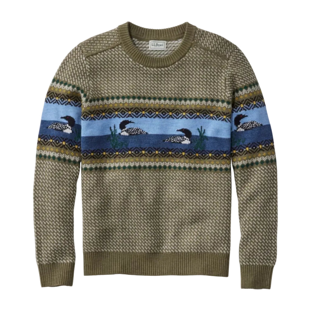 L.L.Bean Men's Essential Merino Crewneck Sweater in Olive Gray Fair Isle front view
