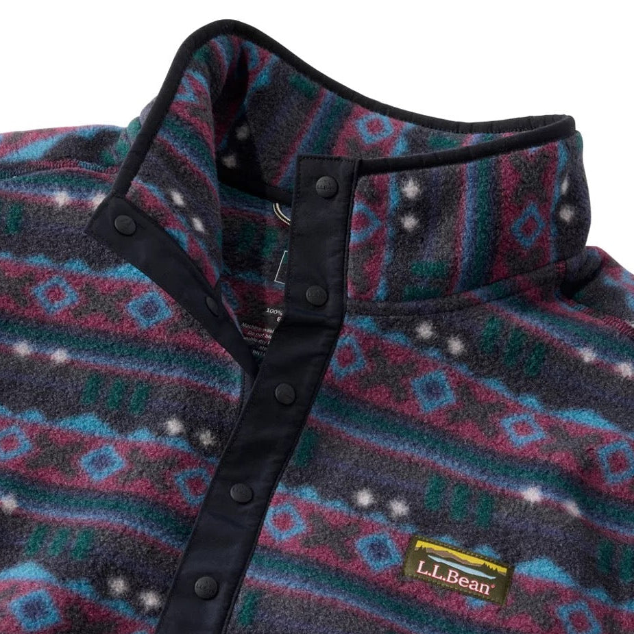 Close-up of the retro diamond print, snap-front neckline and fleece texture on the L.L. Bean Men’s Mountain Classic Fleece Pullover