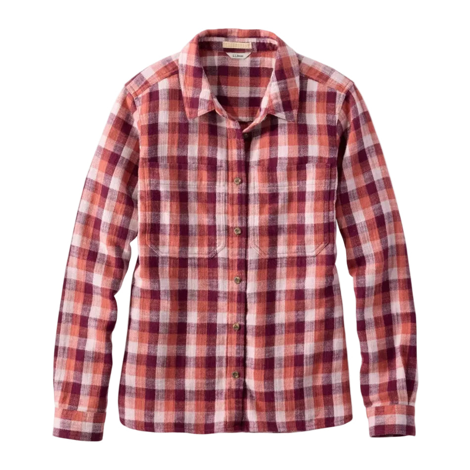 Front view of the L.L.Bean Women’s 1912 Field Flannel Shirt in Faded Rosewood Plaid