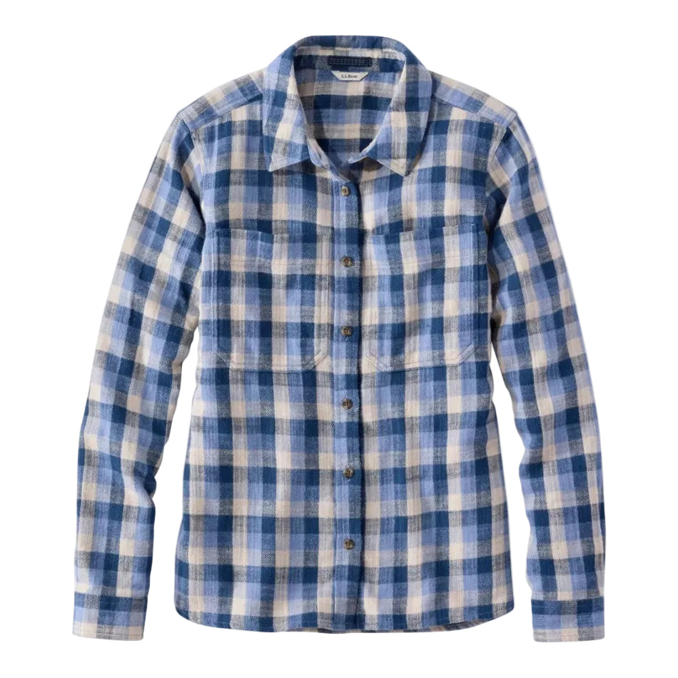 Front view of the L.L.Bean Women’s 1912 Field Flannel Shirt in Mariner Blue Plaid