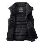Close-up of the quilted fabric, stand collar, lining and front zipper on the L.L.Bean Women’s Access Puffer Vest in Midnight Black