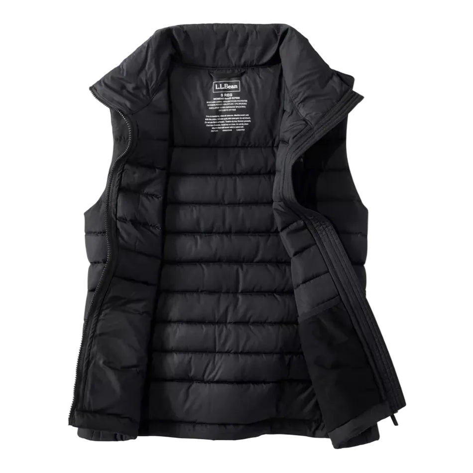 Close-up of the quilted fabric, stand collar, lining and front zipper on the L.L.Bean Women’s Access Puffer Vest in Midnight Black