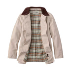 Close-up of the corduroy collar, button closure and cotton canvas fabric on the L.L.Bean Women’s Adirondack Barn Coat in Stone