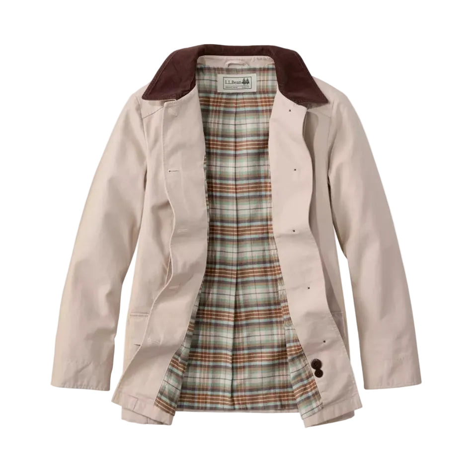 Close-up of the corduroy collar, button closure and cotton canvas fabric on the L.L.Bean Women’s Adirondack Barn Coat in Stone