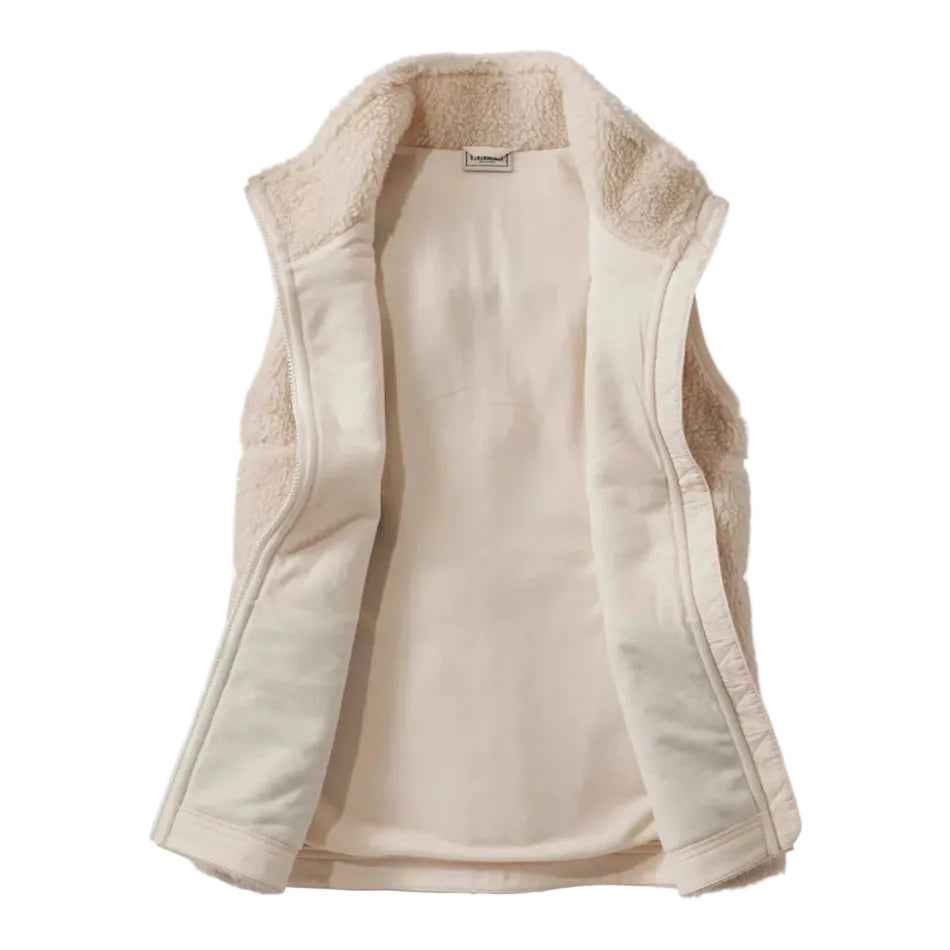 Plush sherpa fleece and woven trim on the L.L.Bean women’s vest in Natural