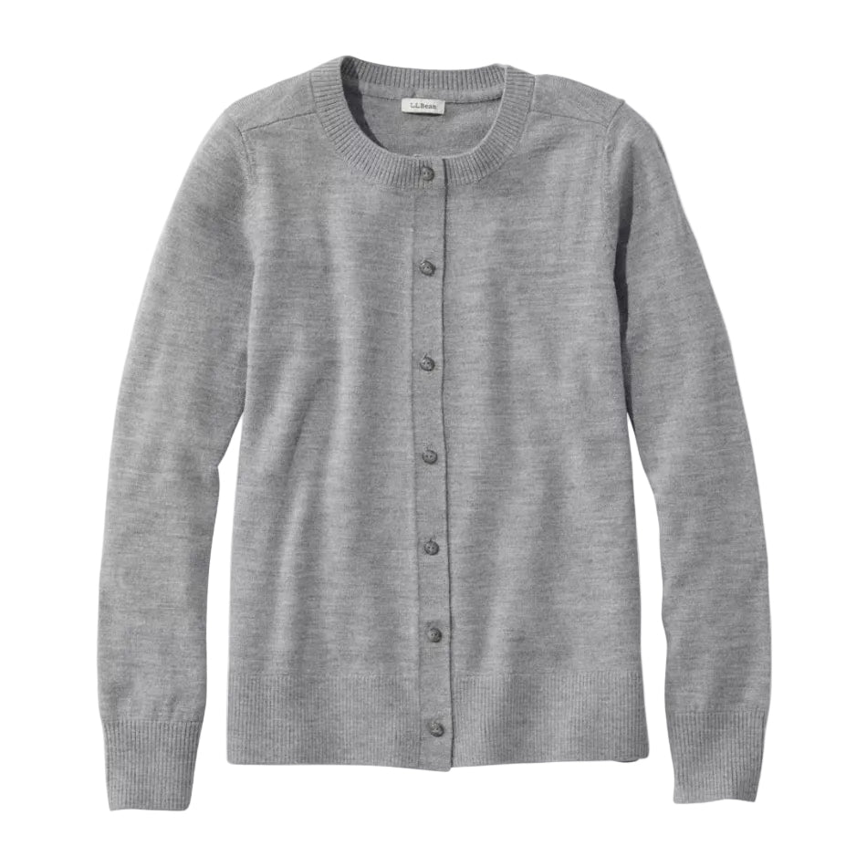 Front view of the L.L.Bean Women’s Essential Merino Wool Cardigan in Light Gray Heather