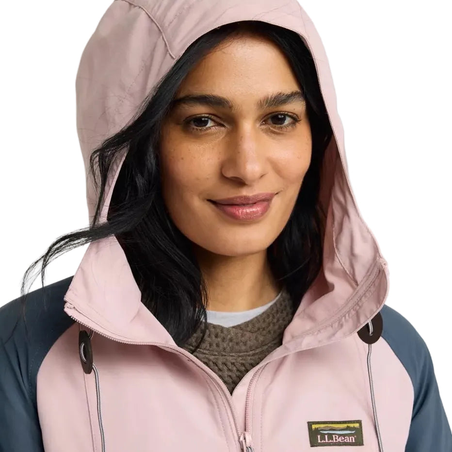 Close-up of the hood, full zipper and color-blocked nylon fabric on the L.L.Bean Women’s Mountain Classic Jacket in Antique Lilac and Thyme