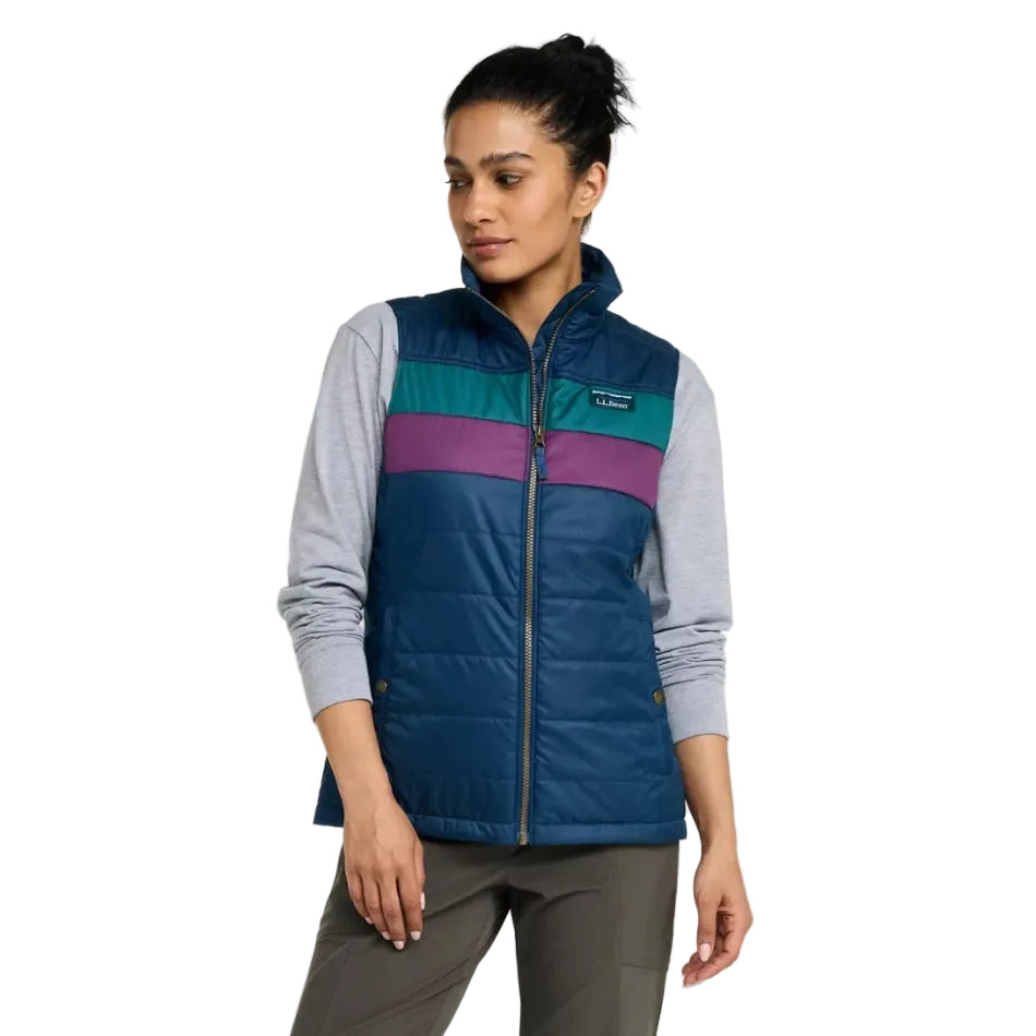Front view of the L.L.Bean Women’s Mountain Classic Puffer Vest in Mariner Blue and Shade Teal